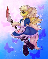 Size: 1644x2000 | Tagged: safe, artist:drawsyraccoon, oc, oc only, oc:lemon drop, species:pegasus, species:pony, alice:madness returns, american mcgee's alice, blood, knife, solo, vorpal blade, ych result