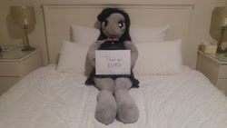 Size: 5312x2988 | Tagged: safe, artist:bigsexyplush, artist:somethingaboutoctavia, character:octavia melody, species:anthro, anniversary, anthro plushie, bed, celebration, clothing, cute, doll, dress, irl, jewelry, necklace, photo, plushie, sign, thunder thighs, toy, wide hips