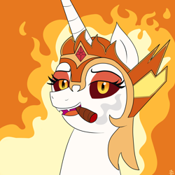 Size: 3000x3000 | Tagged: safe, artist:feralroku, character:daybreaker, character:princess celestia, species:alicorn, species:pony, bust, cigar, fangs, female, lidded eyes, looking at you, orange background, portrait, simple background, smiling, smoking, solo