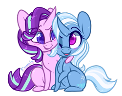 Size: 525x412 | Tagged: safe, artist:esmeia, character:starlight glimmer, character:trixie, species:pony, species:unicorn, ship:startrix, curved horn, cute, diatrixes, female, lesbian, mare, shipping, simple background, sitting, transparent background