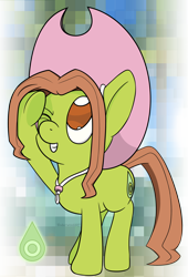 Size: 1712x2516 | Tagged: safe, artist:underwoodart, species:earth pony, species:pony, series:digiponies, bangs, clothing, cowboy hat, crest of sincerity, digimon, female, filly, hat, mimi tachikawa, one eye closed, ponified, solo