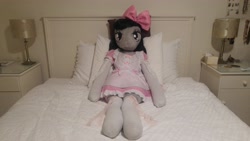 Size: 5312x2988 | Tagged: safe, artist:bigsexyplush, artist:somethingaboutoctavia, character:octavia melody, species:anthro, species:unguligrade anthro, anthro plushie, bed, bedroom eyes, bloomers, bow, clothing, costume, cute, doll, female, frilly, hooves, irl, lace, lacy, lolita fashion, outfit, photo, plushie, socks, socktavia, solo, thigh highs, thunder thighs, toy, wide hips