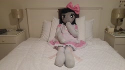 Size: 5312x2988 | Tagged: safe, artist:bigsexyplush, artist:somethingaboutoctavia, character:octavia melody, species:anthro, species:unguligrade anthro, anthro plushie, bed, bedroom eyes, bloomers, bow, clothing, costume, cute, doll, female, frilly, hooves, irl, lace, lacy, lolita fashion, outfit, photo, plushie, shocked, shocked expression, socks, socktavia, solo, startled, surprised, thigh highs, thunder thighs, toy, wide hips