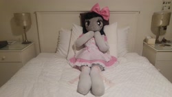 Size: 5312x2988 | Tagged: safe, artist:bigsexyplush, artist:somethingaboutoctavia, character:octavia melody, species:anthro, anthro plushie, bed, bedroom eyes, bloomers, bow, clothing, costume, cute, doll, female, frilly, hooves, irl, lace, lacy, lolita fashion, outfit, photo, plushie, shocked, shocked expression, socks, socktavia, solo, startled, surprised, thigh highs, thunder thighs, toy, wide hips