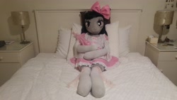 Size: 5312x2988 | Tagged: safe, artist:bigsexyplush, artist:somethingaboutoctavia, character:octavia melody, species:anthro, species:unguligrade anthro, anthro plushie, bed, bedroom eyes, bloomers, bow, clothing, costume, cute, doll, female, frilly, hooves, irl, lace, lacy, lolita fashion, outfit, photo, plushie, socks, socktavia, solo, thigh highs, thunder thighs, toy, umbrella, wide hips