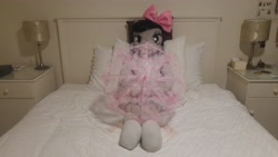 Size: 5312x2988 | Tagged: safe, artist:bigsexyplush, artist:somethingaboutoctavia, character:octavia melody, species:anthro, species:unguligrade anthro, anthro plushie, bed, bedroom eyes, bloomers, bow, clothing, costume, cute, doll, female, frilly, hiding, hooves, irl, lace, lacy, lolita fashion, outfit, photo, plushie, shy, socks, socktavia, solo, thigh highs, thunder thighs, toy, umbrella, wide hips
