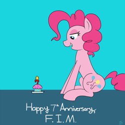 Size: 1000x1000 | Tagged: safe, artist:feralroku, derpibooru original, character:pinkie pie, fairyversary muffin, female, food, happy birthday mlp:fim, lidded eyes, mlp fim's seventh anniversary, muffin, sitting, smiling, solo, the fairly oddparents