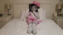 Size: 5312x2988 | Tagged: safe, artist:bigsexyplush, artist:somethingaboutoctavia, character:octavia melody, species:anthro, anthro plushie, bed, bedroom eyes, bloomers, bow, clothing, costume, cute, doll, female, frilly, hooves, irl, lace, lacy, lolita fashion, outfit, photo, plushie, shocked, shocked expression, skirt, socks, socktavia, solo, startled, surprised, thigh highs, thunder thighs, toy, upskirt, wide hips