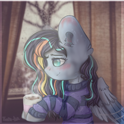 Size: 1000x1000 | Tagged: safe, artist:zefirka, oc, oc only, oc:neon winds, species:pegasus, species:pony, chocolate, clothing, curtains, ear fluff, food, hot chocolate, indoors, mug, signature, solo, sweater