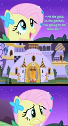 Size: 600x1100 | Tagged: safe, artist:doctorxfizzle, edit, edited screencap, screencap, character:fluttershy, species:pegasus, species:pony, episode:the best night ever, g4, my little pony: friendship is magic, at the gala, canterlot, clothing, comic, dress, female, gala dress, lip bite, mare, misheard, night, solo focus, song reference