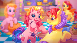 Size: 1661x945 | Tagged: safe, artist:conphettey, character:apple spice, character:rarity (g3), g3, halloween, holiday, magic marigold, pearly pie