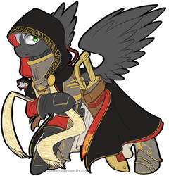 Size: 894x894 | Tagged: safe, artist:jadekettu, oc, oc only, oc:zero voice, species:pegasus, species:pony, armor, clothing, hood, inquisition, inquisitor, male, melee weapon, purity seal, robe, snake, stallion, sword, warhammer (game), warhammer 40k, weapon