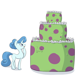 Size: 2764x2827 | Tagged: safe, artist:anonopony, part of a set, oc, oc only, oc:arctic wind, species:pony, species:unicorn, cake, female, food, licking, licking lips, sequence, simple background, solo, tongue out, tumblr comic, weight gain sequence, white background