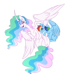 Size: 1000x1000 | Tagged: safe, artist:saphi-boo, character:princess celestia, character:rainbow dash, species:alicorn, species:pegasus, species:pony, ship:dashlestia, curved horn, eyes closed, female, lesbian, mare, raspberry, shipping, simple background, sitting, spread wings, tickling, tongue out, transparent background, wings