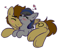 Size: 845x715 | Tagged: safe, artist:rivibaes, oc, oc only, oc:nightglider, oc:vicious loop, species:bat pony, species:pegasus, species:pony, bat pony oc, blushing, cuddling, heart, nightloop, simple background, size difference, transparent background, underhoof