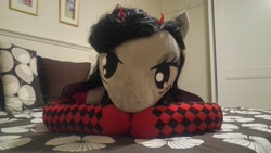 Size: 5312x2988 | Tagged: safe, artist:bigsexyplush, artist:somethingaboutoctavia, character:octavia melody, species:anthro, species:demon pony, absurd resolution, anthro plushie, bed, bedroom eyes, bow tie, close-up, clothing, costume, cute, demon, devil horns, doll, dress, halloween, halloween costume, holiday, horns, irl, jewelry, kneeling, latex, lying down, necklace, nightmare night, nightmare night costume, pajamas, photo, pillow, plushie, shirt, shorts, socks, socktavia, stockings, story, story included, succubus, succubus pony, succutavia, tavibetes, thigh highs, top, toy, wings