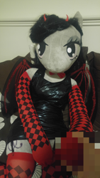 Size: 1152x2048 | Tagged: safe, artist:bigsexyplush, artist:somethingaboutoctavia, character:octavia melody, species:anthro, species:demon pony, anthro plushie, bed, bedroom eyes, bow tie, censored, censorship, clothing, costume, cute, demon, devil horns, disgusting, doll, dress, halloween, halloween costume, holding, holding hands, holding hooves, holiday, hoof hold, horns, irl, jewelry, kneeling, latex, lewd, mosaic censor, necklace, nightmare night, nightmare night costume, photo, plushie, shirt, shorts, socks, socktavia, stockings, succubus, succubus pony, succutavia, thigh highs, thunder thighs, top, toy, we are going to hell, wide hips, wings
