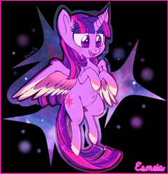 Size: 813x843 | Tagged: safe, artist:esmeia, character:twilight sparkle, character:twilight sparkle (alicorn), species:alicorn, species:pony, abstract background, colored hooves, colored wings, curved horn, ear fluff, female, mare, multicolored hair, multicolored wings, rainbow power, smiling, solo, spread wings, wings