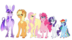 Size: 4167x2334 | Tagged: safe, artist:saphi-boo, character:applejack, character:fluttershy, character:pinkie pie, character:rainbow dash, character:rarity, character:twilight sparkle, character:twilight sparkle (alicorn), species:alicorn, species:classical unicorn, species:pony, species:unicorn, chest fluff, cloven hooves, curved horn, ear fluff, leonine tail, line-up, mane six, simple background, smoldash, transparent background, unshorn fetlocks