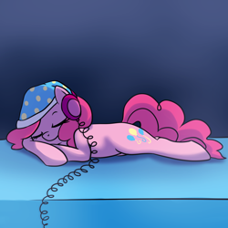 Size: 1000x1000 | Tagged: dead source, safe, artist:maplesunrise, character:pinkie pie, clothing, hat, headphones, nightcap, sleeping