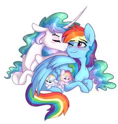 Size: 1048x1096 | Tagged: safe, artist:saphi-boo, character:princess celestia, character:rainbow dash, oc, parent:princess celestia, parent:rainbow dash, parents:dashlestia, species:alicorn, species:pegasus, species:pony, ship:dashlestia, blushing, female, foal, kiss on the cheek, kissing, lesbian, magical lesbian spawn, next generation, offspring, shipping, simple background