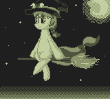 Size: 160x144 | Tagged: safe, artist:zoiby, oc, oc only, oc:sugar spell, broom, clothing, crescent moon, flying, flying broomstick, game boy, hat, monochrome, moon, pixel art, solo, witch hat