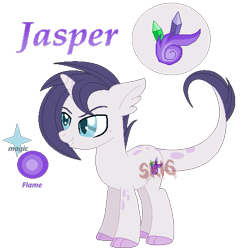 Size: 489x507 | Tagged: safe, artist:superrosey16, oc, oc only, oc:jasper, parent:rarity, parent:spike, parents:sparity, species:dracony, cutie mark background, ear fluff, horn, hybrid, interspecies offspring, leonine tail, male, offspring, pixel art, reference sheet, signature, simple background, solo, transparent background, watermark