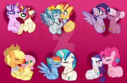Size: 900x589 | Tagged: safe, artist:superrosey16, character:applejack, character:cheerilee, character:dj pon-3, character:fluttershy, character:moondancer, character:pinkie pie, character:rainbow dash, character:rarity, character:sonata dusk, character:starlight glimmer, character:sunset shimmer, character:twilight sparkle, character:twilight sparkle (alicorn), character:vinyl scratch, oc:dusk shine, species:alicorn, species:pegasus, species:pony, ship:appleshy, ship:cheerilight, ship:raripie, applejack (male), appleshy (straight), bubble berry, crown, female, flower, glimmerdancer, half r63 shipping, jewelry, kissing, male, necklace, nuzzling, rariberry, record scrape, ribbon, ring, rule 63, shipping, sonaglare, stellar gleam, straight, sunata, sunset glare, vinyldash, watermark