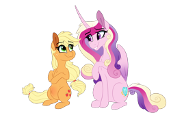 Size: 1614x1188 | Tagged: safe, artist:saphi-boo, character:applejack, character:princess cadance, character:shining armor, species:alicorn, species:earth pony, species:pony, female, male, mare, preggo jack, pregnant, shiningjack, shipping, simple background, sitting, straight