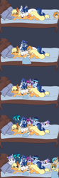 Size: 2000x6000 | Tagged: safe, artist:saphi-boo, character:applejack, character:shining armor, oc, parent:applejack, parent:shining armor, parents:shiningjack, species:earth pony, species:pony, species:unicorn, alternate universe, bed, crack shipping, female, foal, male, mare, next generation, offspring, pony pile, pony pillow, prone, shiningjack, shipping, simple background, sleeping, stallion, straight, unshorn fetlocks
