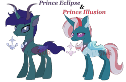 Size: 835x543 | Tagged: safe, artist:superrosey16, base used, oc, oc only, oc:eclipse, oc:illusion, parent:pharynx, parent:princess luna, parent:thorax, parent:trixie, parents:phartrix, parents:thuna, species:changeling, species:changepony, species:reformed changeling, changedling oc, duo, male, next generation, offspring, pixel art, reference sheet, simple background, transparent background