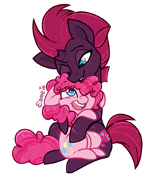 Size: 543x592 | Tagged: safe, artist:esmeia, character:fizzlepop berrytwist, character:pinkie pie, character:tempest shadow, species:pony, my little pony: the movie (2017), broken horn, eye scar, female, lesbian, mare, scar, shipping, simple background, smiling, tempestpie, transparent background