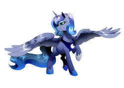 Size: 3507x2480 | Tagged: safe, artist:dormin-dim, character:princess luna, species:alicorn, species:pony, female, mare, raised hoof, s1 luna, simple background, smiling, solo, spread wings, transparent background, wings
