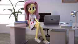 Size: 3840x2160 | Tagged: safe, artist:efk-san, character:fluttershy, my little pony:equestria girls, 3d, bedroom eyes, blender, book, clothing, computer, crossed legs, cute, female, flutternurse, lamp, laptop computer, looking at you, nurse, shyabetes, solo, window