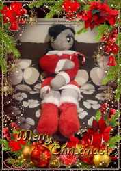 Size: 955x1350 | Tagged: safe, artist:bigsexyplush, artist:somethingaboutoctavia, character:octavia melody, species:anthro, episode:hearth's warming eve, g4, my little pony: friendship is magic, anthro plushie, bed, bedroom eyes, belt, candy, candy cane, card, christmas, christmas card, christmas stocking, clothing, costume, cute, doll, dress, food, hearth's warming, holiday, irl, photo, plushie, socks, socktavia, stockings, thigh highs, thunder thighs, toy, wide hips