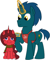 Size: 1993x2384 | Tagged: safe, artist:feralroku, derpibooru original, oc, oc only, oc:cambio, oc:keet, species:pony, species:unicorn, 2018 community collab, derpibooru community collaboration, apron, chewing, clothing, colt, cookie, eating, food, glowing horn, magic, male, raised hoof, scarf, simple background, smiling, stallion, telekinesis, transparent background, tray