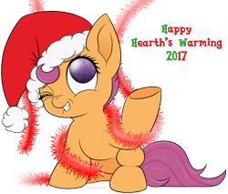 Size: 2033x1729 | Tagged: safe, artist:underwoodart, character:scootaloo, species:pegasus, species:pony, christmas, clothing, cute, cutealoo, female, hat, holiday, one eye closed, santa hat, simple background, solo, tinsel, transparent background