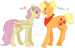 Size: 1024x655 | Tagged: safe, artist:superrosey16, character:applejack, character:flutterbat, character:fluttershy, species:bat pony, species:pony, ship:appleshy, applejack (male), butterjack (gay), butterscotch, dialogue, eye contact, gay, looking at each other, male, neckerchief, profile, race swap, rule 63, shipping, standing, watermark
