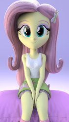 Size: 2160x3840 | Tagged: safe, artist:creatorofpony, artist:efk-san, artist:rajaie, part of a set, character:fluttershy, species:human, my little pony:equestria girls, 3d, blender, clothing, commission, cute, female, legs, looking at you, moe, remake, shyabetes, sitting, skirt, smiling, socks, solo, tank top, upskirt denied