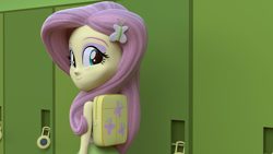 Size: 3840x2160 | Tagged: safe, artist:creatorofpony, artist:efk-san, character:fluttershy, my little pony:equestria girls, 3d, backpack, blender, canterlot high, clothing, female, hallway, lockers, looking back, school, skirt, smiling, solo, tank top