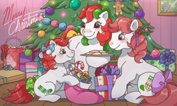 Size: 854x512 | Tagged: safe, artist:conphettey, character:baby stockings, g1, bow, candy, candy cane, christmas, christmas tree, cookie, food, gingerbread man, holiday, merry treat, present, stockings (g1), tail bow, tree
