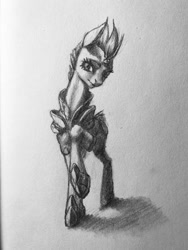 Size: 960x1280 | Tagged: safe, artist:kelpiemoonknives, character:tempest shadow, species:pony, species:unicorn, my little pony: the movie (2017), armor, broken horn, female, grayscale, looking at you, mare, monochrome, pencil drawing, solo, traditional art