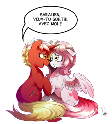 Size: 3000x3300 | Tagged: safe, artist:dormin-dim, oc, oc only, oc:saigneur, oc:saralien, species:pegasus, species:pony, species:unicorn, blush sticker, blushing, couple, dialogue, female, floppy ears, french, looking at each other, male, mare, oc x oc, shipping, simple background, sitting, speech bubble, spread wings, stallion, translated in the comments, transparent background, wings