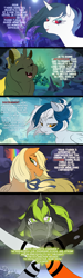 Size: 1500x5000 | Tagged: safe, artist:dormin-dim, oc, oc only, species:changeling, species:pegasus, species:pony, species:unicorn, canterlot, changeling hive, changeling oc, crying, dialogue, eyes closed, female, french, gift art, lidded eyes, mare, smiling, yellow changeling