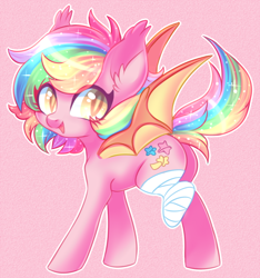 Size: 700x749 | Tagged: safe, artist:cabbage-arts, oc, oc only, oc:paper stars, species:bat pony, species:pony, amputee, bandage, bat pony oc, colored pupils, cute, ear fluff, female, looking at you, looking back, looking back at you, mare, open mouth, pink background, rainbow hair, simple background, solo, spread wings, wings