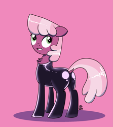 Size: 1253x1405 | Tagged: safe, artist:feralroku, character:cheerilee, species:earth pony, species:pony, bodysuit, catsuit, dock, female, neck fluff, pink background, plot, simple background, smiling, solo