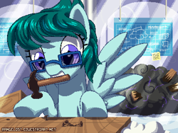 Size: 800x600 | Tagged: safe, artist:rangelost, patreon reward, oc, oc only, oc:cloudy bits, species:pegasus, species:pony, blueprint, box, cloud, cloud storage, dropping box, female, glasses, hammer, mare, mouth hold, nails, patreon, pixel art, prototype, signature, solo, stormcloud, underhoof, workshop
