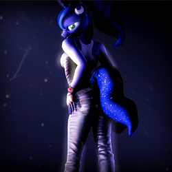 Size: 1080x1080 | Tagged: safe, artist:lunar57, character:princess luna, species:anthro, 3d, clothing, female, fingerless gloves, gloves, jeans, looking at you, looking back, looking back at you, pants, solo, source filmmaker, tank top