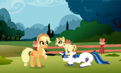 Size: 1412x860 | Tagged: safe, artist:saphi-boo, character:applejack, character:shining armor, oc, parent:applejack, parent:shining armor, parents:shiningjack, species:pony, species:unicorn, female, filly, male, offspring, shiningjack, shipping, straight