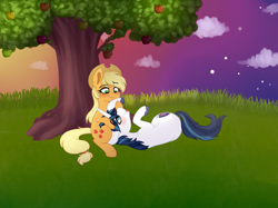 Size: 2000x1496 | Tagged: safe, artist:saphi-boo, character:applejack, character:shining armor, species:earth pony, species:pony, species:unicorn, apple tree, blushing, crack shipping, female, grass, male, mare, shiningjack, shipping, stallion, straight, tree
